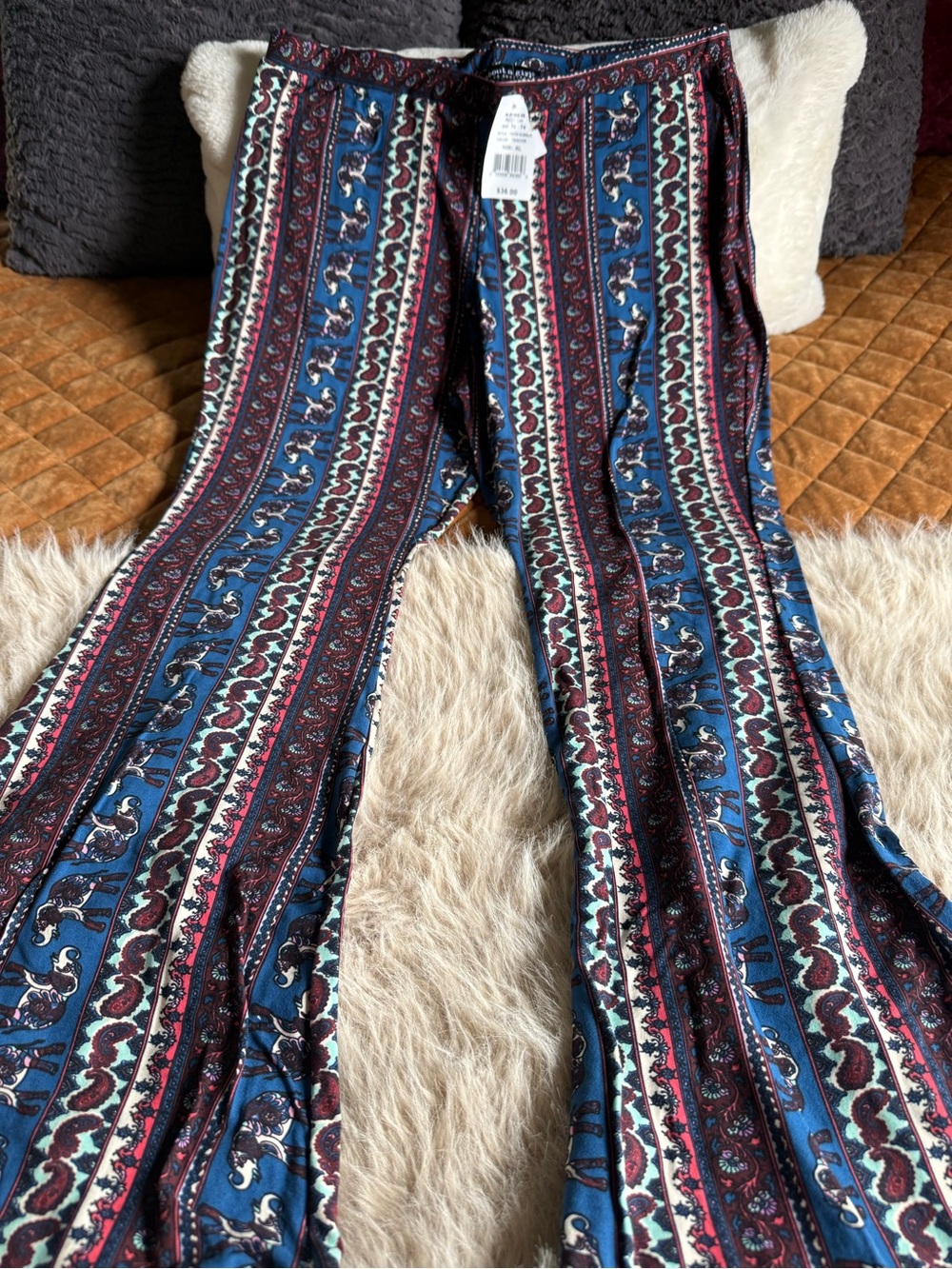 Boho Striped Print Palazzo Pants - Blue & Burgundy